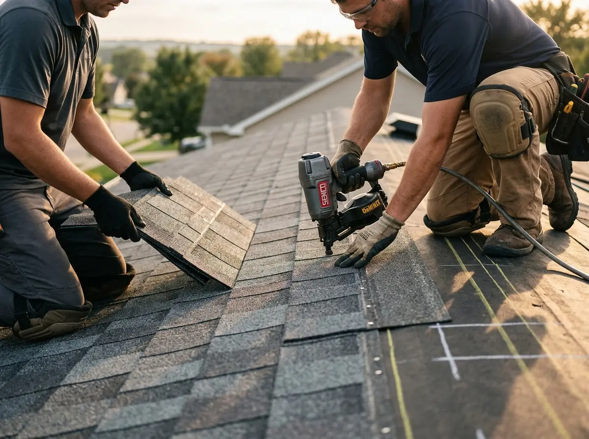 Professional roofer working on a residential roof in Gulf Hills